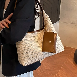 Women Woven Straw Tote Bag Summer Beach Style Hobo Shoulder Bag Large Capacity Handbag With Mini Pouch Casual Travel Bag