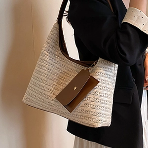 Straw woven tote bag set with small brown pouch in bohemian style for summer