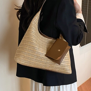 Minimalist straw woven tote bag and brown leather pouch set for summer beach vacations
