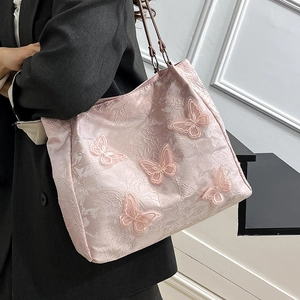 Pink jacquard underarm tote bag with 3D butterfly floral embroidery appliques