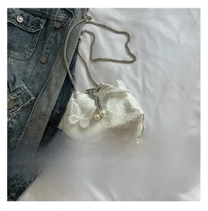 Detailed shot of white lace butterfly bag with silver chain and pearl tassel charms
