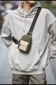 Detail of waterproof nylon crossbody bag with adjustable strap on a streetwear model