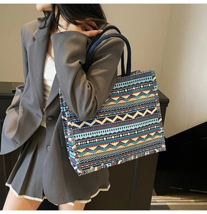 Bohemian geometric print canvas tote bag with thick blue rope handles for daily use
