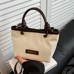 Women Woven Bucket Bag PU Leather Patchwork Straw Look Crossbody Shoulder Bag Knotted Handle Summer Beach Casual Fashion