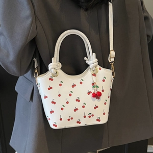 Sac à Épaule Vintage Imprimé Cerise pour Femmes en Cuir PU Sac Seau Bandoulière Doux Avec Poignée à Nœud Grande Capacité
