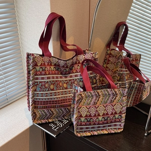 Bohemian Ethnic Jacquard Canvas Tote Bag For Women Retro Geometric Floral Pattern Large Capacity Travel Shoulder Bag