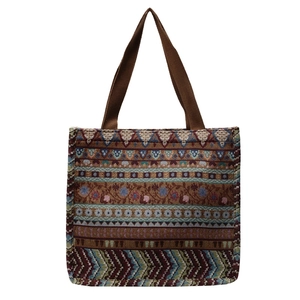Bohemian ethnic tote bag with geometric floral patterns and wide shoulder straps