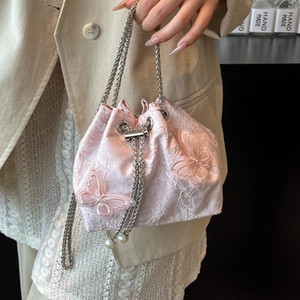 Women's Elegant Lace Butterfly Embroidery Bucket Bag Small Drawstring Crossbody Bag With Artificial Pearl Chain Strap French Vintage Style