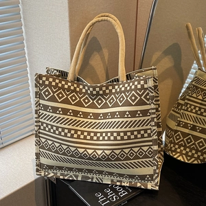 Ethnic geometric pattern canvas tote bag with large capacity and woven handles
