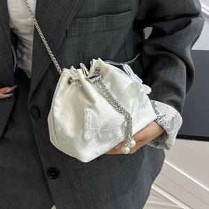 White butterfly lace bucket bag with silver chain and pearls for women in 2025