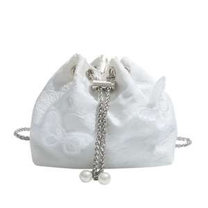 Elegant white lace drawstring bucket bag with 3D butterflies and pearl chain strap