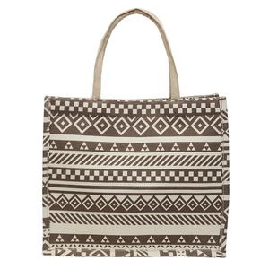 Large geometric pattern canvas tote bag in brown and beige with woven rope handles