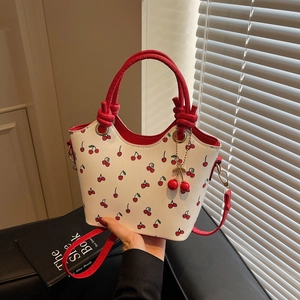 Women Retro Cherry Print Bucket Bag Fashion PU Leather Contrast Color Crossbody Bag With Cherry Pendant Shoulder Bag