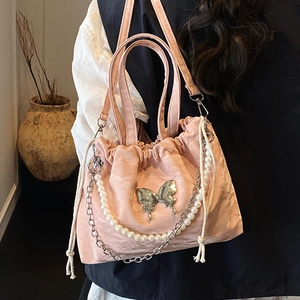 Women's PU Leather Butterfly Drawstring Bucket Bag Pleated Shoulder Bag With Artificial Pearl Chain Fashion Versatile Backpack Handbag
