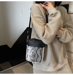 Chic two-tone crossbody bag with snakeskin texture and gold buckle on a model
