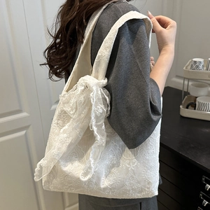 Korean style white floral lace canvas tote bag with large decorative side bow detail