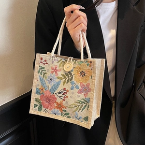 Charmante Leinentasche mit Blumenstickerei und gewebten Griffen für Damen