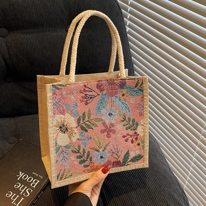 Blumen-Leinentasche mit Tapisserie-Muster und dicken Baumwollseilgriffen im Freizeit-Look