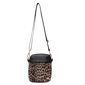 Chic leopard print and black leather crossbody bag with gold chain strap for women
