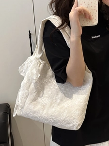 Women's Romantic Lace Embroidery Tote Bag Large Capacity Bow Decor Shoulder Bag French Style Sweet Daily Shopping Handbag