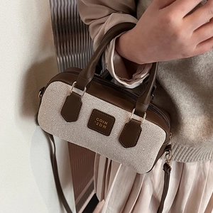 Vintage British Style Women Boston Bag Canvas PU Splicing Handbag Fashion Commuter Crossbody Shoulder Bag For Women