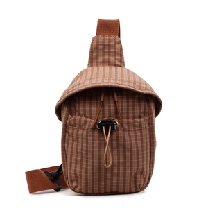 Japanese style brown plaid crossbody sling bag with drawstring closure and woven strap