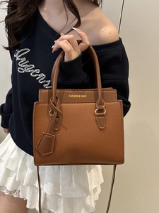 Women Fashion Contrast Color Litchi PU Leather Tote Bag Elegant Letter Printed Handbag With Adjustable Shoulder Strap