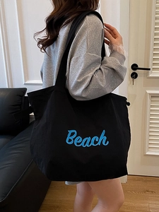 Borsa Tote in Tela ad Alta Capacità Borsa a Tracolla Casual Con Coulisse e Stampa di Lettere Beach per Donna Spiaggia Viaggio