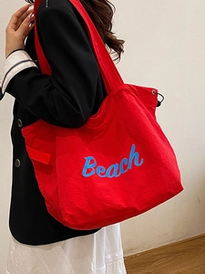 Grande borsa tote rossa in tela con stampa Beach blu e coulisse, borsa a spalla casual