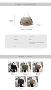 Detailed view showing multi-color nylon handbags with size 19cm x 15cm x 8cm and weight 0.19kg