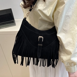 Borsa a Spalla Vintage Con Frange in Pelle PU Scamosciata per Donna Borsa Sottobraccio a Mezzaluna Boho Con Fibbia a Tracolla