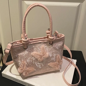 Women Sweet French Style Lace 3D Butterfly Embroidered Shoulder Bag Mini Neo-Chinese Handbag Elegant PU Crossbody Bag