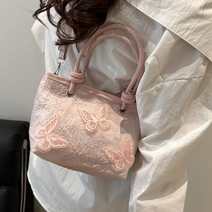 Pink lace embroidery bucket bag with 3D butterflies and top handle for women