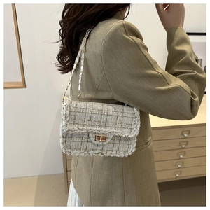 Detail of tweed crossbody bag featuring metallic clasp and gold chain strap on model
