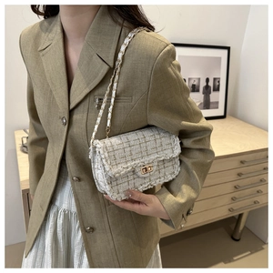 Close-up of elegant tweed shoulder bag with gold metallic lock and chain strap