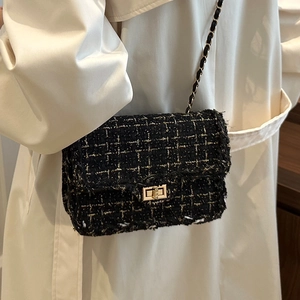 Vintage Tweed Plaid Chain Shoulder Bag Women Elegant PU Leather Small Square Crossbody Bag With Metal Lock Buckle Fashion Bag