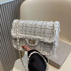Elegant plaid tweed crossbody bag with gold chain strap and metal clasp closure