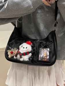 Sac Ita en cuir PU noir avec fenêtre transparente en PVC et décorations en peluche