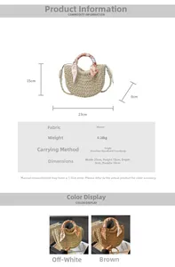Detailed size parameters and straw woven texture of the semi-circular handbag
