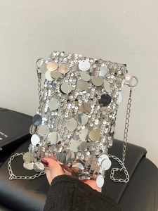 Women Trendy Sequin Chain Shoulder Bag Minimalist Square Tote Crossbody Phone Bag For Party Everyday Fashion Accessories