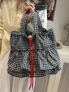Sac cabas chic à carreaux vichy noir et blanc avec volants et cordon de serrage orange
