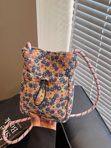 Fashionable floral jacquard mini crossbody phone bag with colorful braided rope strap