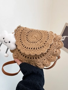 Women Crochet Woven Shoulder Bag Scalloped Wave Pattern Crossbody Bag With Cloud Pendant Bohemian Casual Vacation Beach Purse
