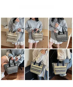Detailed views of striped canvas tote bags with bohemian patterns and sturdy straps