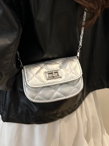 Chic silver quilted mini chain bag with metallic turn-lock for women's crossbody wear