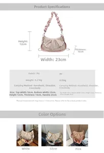 Detailed size chart of the pleated cloud bag with pearl chain in white, silver, and pink