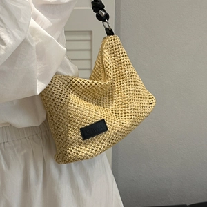 Women Woven Straw Shoulder Bag Minimalist PU Leather Strap Underarm Bag Large Capacity Summer Beach Vacation Tote Bag