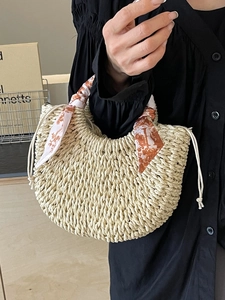 Women's Straw Woven Hobo Shoulder Bag With Printed Scarf Decoration Half Moon Handbag Crossbody Beach Vacation Tote Bag
