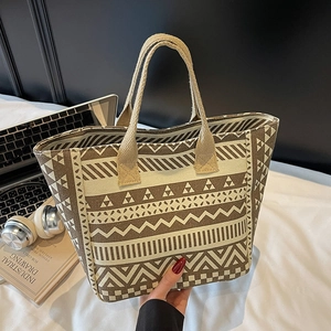 Canvas tote bag with geometric patterns for travel and commute, large capacity shoulder bag