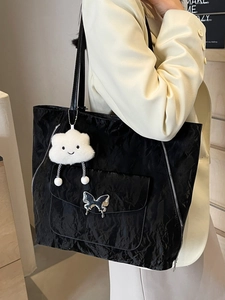 Minimalist large black tote bag with silver butterfly buckle and cute cloud pendant